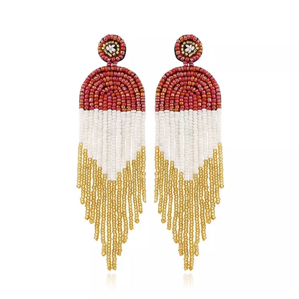 “ Italia” Red, White, & Gold Elongated Seedbead Earrings